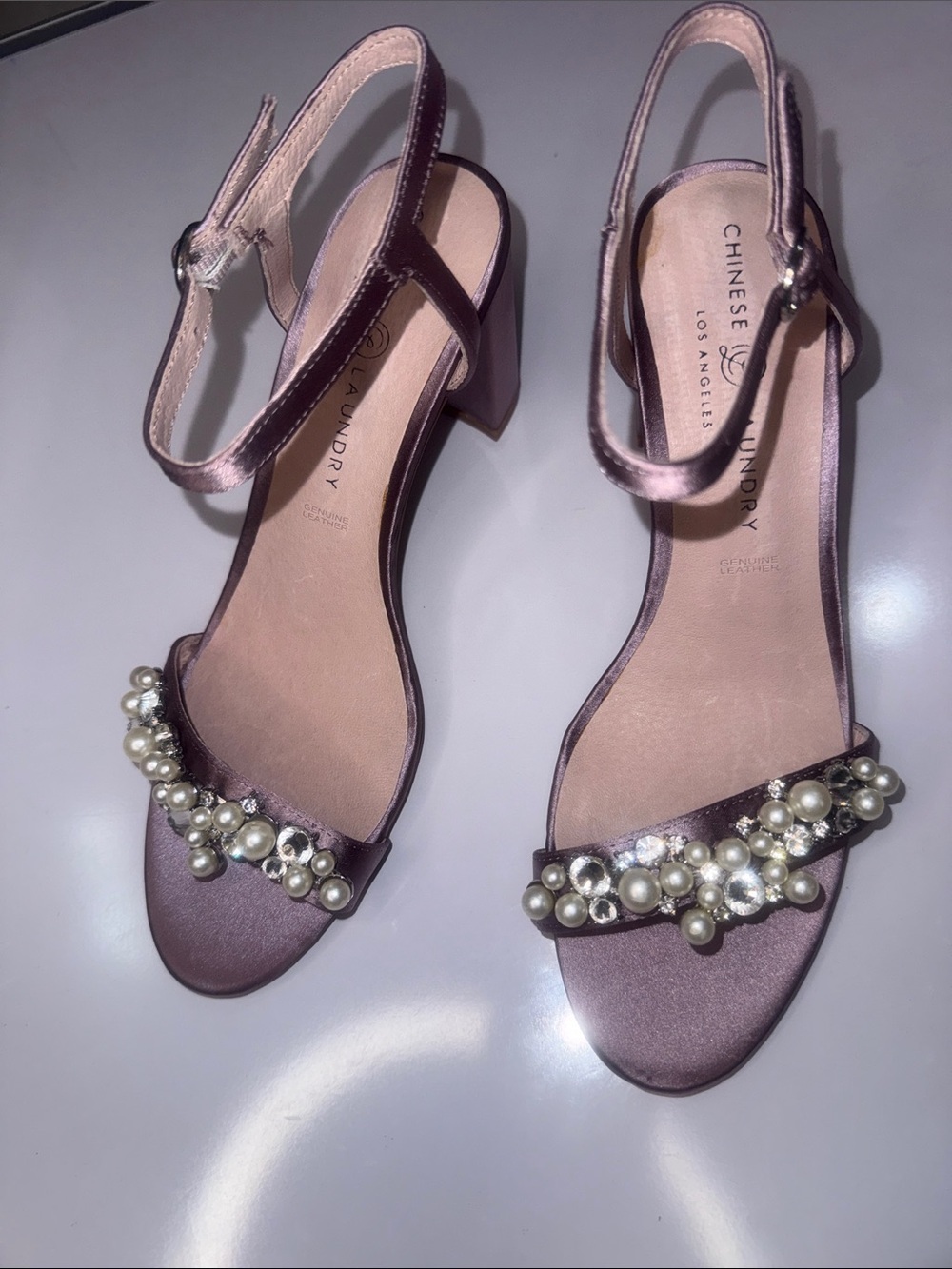 Chinese Laundry rare dusty Mauve Satin  Pearl & Crystal Ankle-Strap NWT 7.5